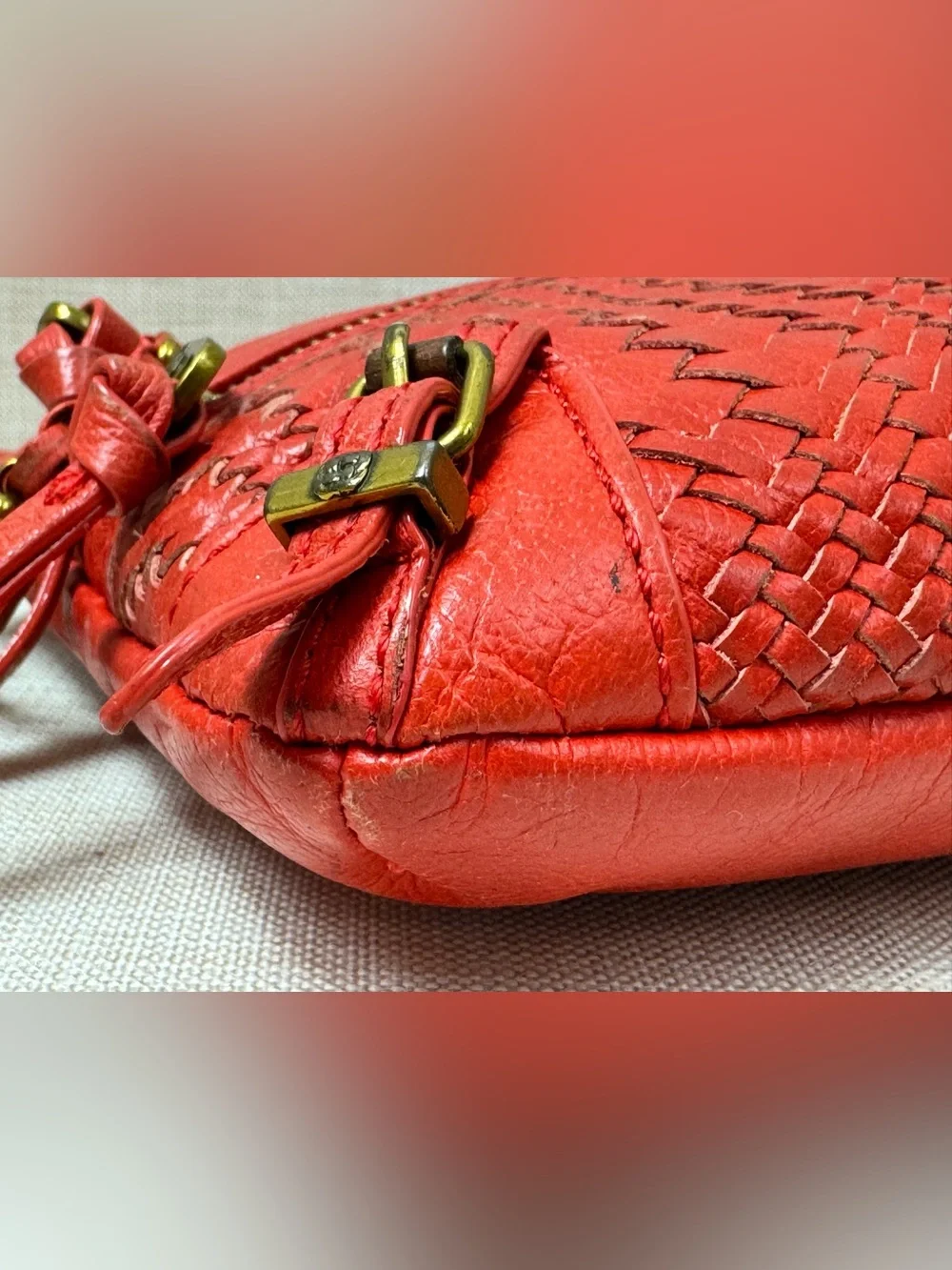 Red Woven Leather Crossbody Bag with Chain-Trim Strap